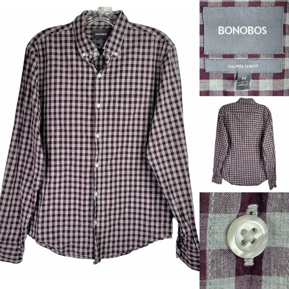 Bonobos Shirt Button Down Mens Size M Maroon Gray Plaid Tailored Slim Fit LS - Picture 1 of 9